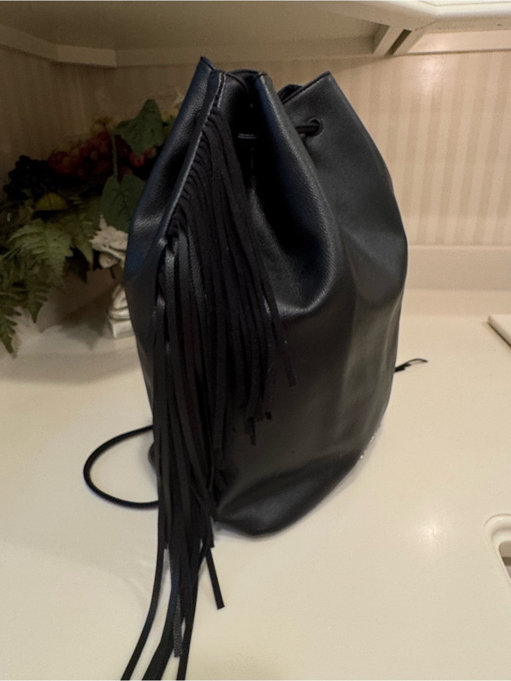 Victoria's Secret Black Faux Leather Fringe Drawstring Boho Bag - Picture 11 of 16